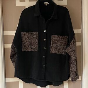POL Black Shacket/Jacket with Brown Leopard Patch Pockets NF
